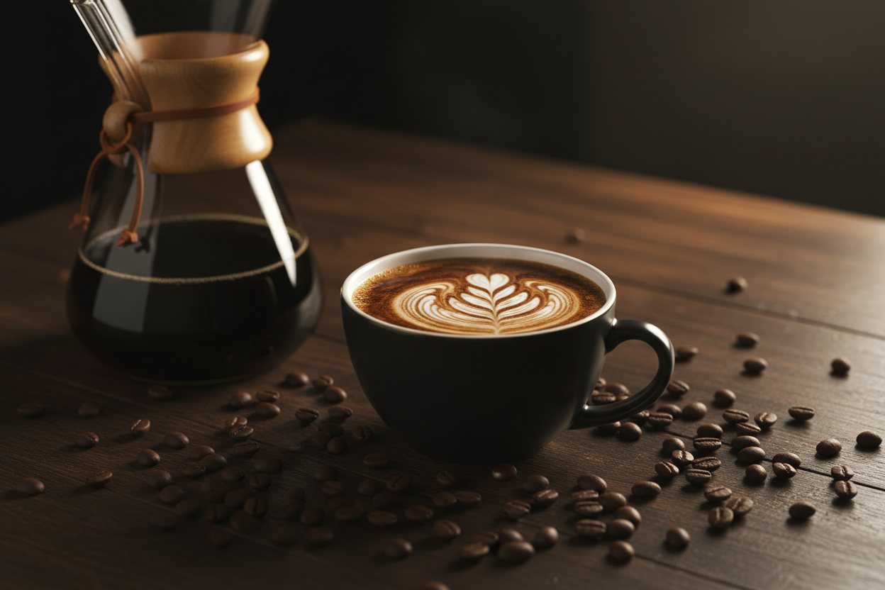 luxury coffee in cup with beans on table and chemex