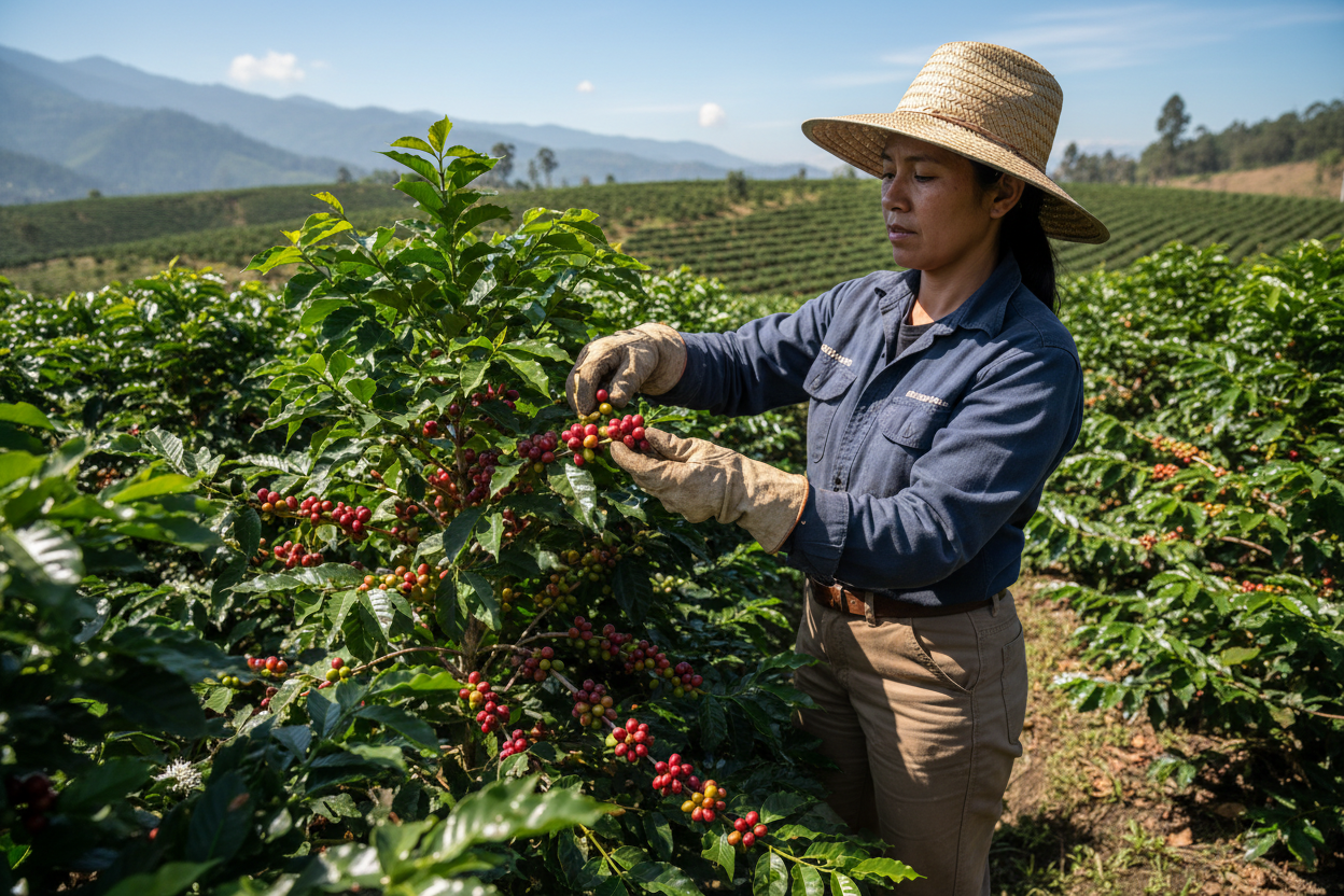 Single woman selecting coffee cherries premium farm