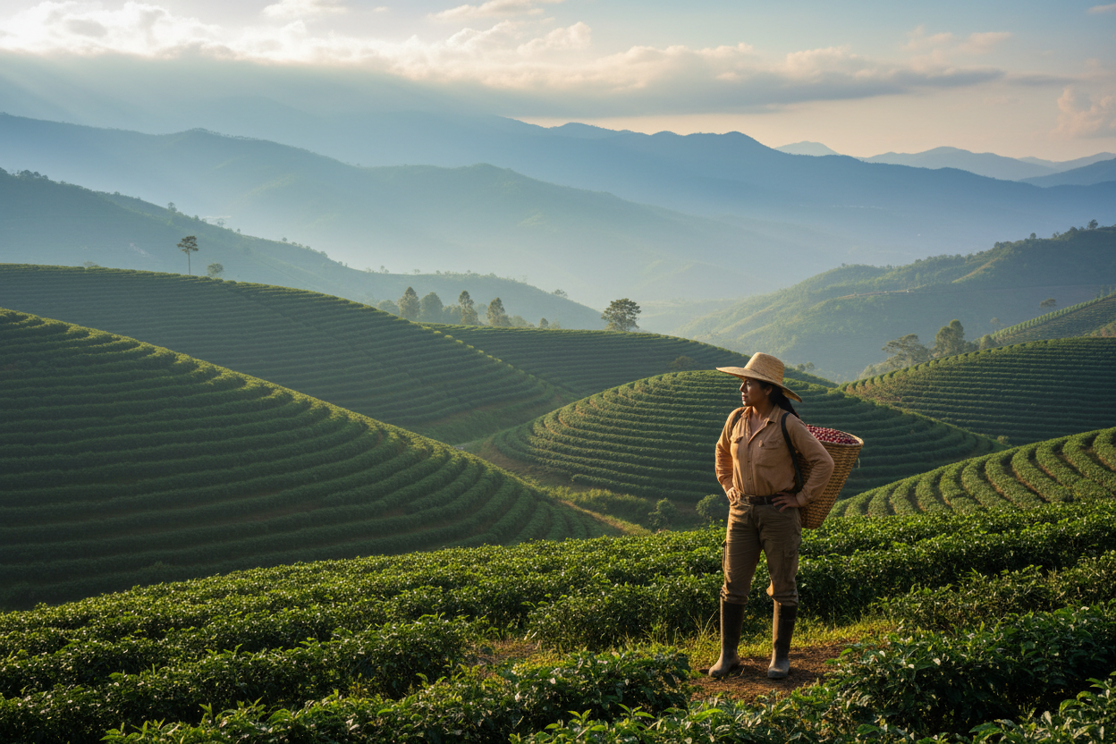 woman coffee grower looking at mountainous coffee region